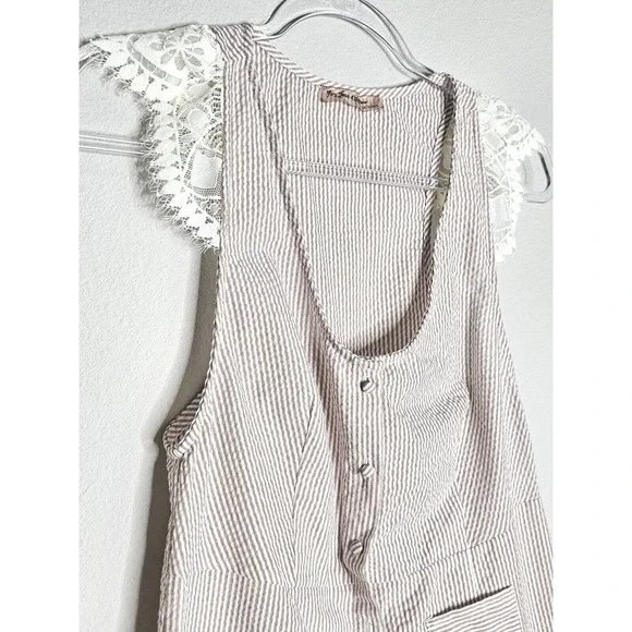 For Love & Lemons Emmy Sleep Romper Brown Seersucker and Lace Size Small - Picture 9 of 16